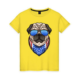Женская футболка хлопок с принтом Крутой Мопс в Белгороде, 100% хлопок | прямой крой, круглый вырез горловины, длина до линии бедер, слегка спущенное плечо | pug | америка | мопс | мопсы | собака | собаки | сша