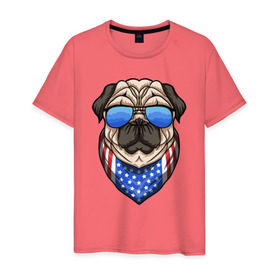 Мужская футболка хлопок с принтом Крутой Мопс в Белгороде, 100% хлопок | прямой крой, круглый вырез горловины, длина до линии бедер, слегка спущенное плечо. | pug | америка | мопс | мопсы | собака | собаки | сша