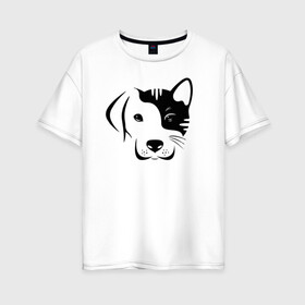 Женская футболка хлопок Oversize с принтом Котопес в Белгороде, 100% хлопок | свободный крой, круглый ворот, спущенный рукав, длина до линии бедер
 | cat | dog | kitten | unity | единство | кот | котенок | кошка | пес | собака