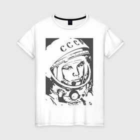 Женская футболка хлопок с принтом Гагарин в Белгороде, 100% хлопок | прямой крой, круглый вырез горловины, длина до линии бедер, слегка спущенное плечо | гагарин | знаменитость | коммунизм | космонавт | космос | новая | новинка | первый | первый космонавт | ссср | топ | хит
