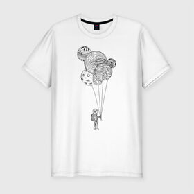 Мужская футболка премиум с принтом Космонавт в Белгороде, 92% хлопок, 8% лайкра | приталенный силуэт, круглый вырез ворота, длина до линии бедра, короткий рукав | абстракция | астронавт | в космосе | космонавт | космос | планета | планеты | шарики