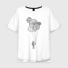 Мужская футболка хлопок Oversize с принтом Космонавт в Белгороде, 100% хлопок | свободный крой, круглый ворот, “спинка” длиннее передней части | Тематика изображения на принте: абстракция | астронавт | в космосе | космонавт | космос | планета | планеты | шарики
