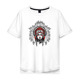Мужская футболка хлопок Oversize с принтом Индианка в Белгороде, 100% хлопок | свободный крой, круглый ворот, “спинка” длиннее передней части | indian | индеец | индейцы | индианка | коренные американцы