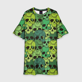 Детское платье 3D с принтом Зеленые черепа в Белгороде, 100% полиэстер | прямой силуэт, чуть расширенный к низу. Круглая горловина, на рукавах — воланы | Тематика изображения на принте: anger | black | death | drawing | green | horror | illustration | lime | look | marsh | scary | skull | terrible | болотный | взгляд | зеленый | злость | иллюстрация | рисунок | салатовый | страшный | ужас | ужасный | черепа | черный
