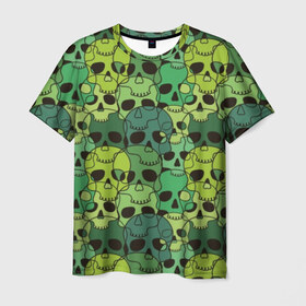 Мужская футболка 3D с принтом Зеленые черепа в Белгороде, 100% полиэфир | прямой крой, круглый вырез горловины, длина до линии бедер | anger | black | death | drawing | green | horror | illustration | lime | look | marsh | scary | skull | terrible | болотный | взгляд | зеленый | злость | иллюстрация | рисунок | салатовый | страшный | ужас | ужасный | черепа | черный