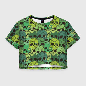 Женская футболка Cropp-top с принтом Зеленые черепа в Белгороде, 100% полиэстер | круглая горловина, длина футболки до линии талии, рукава с отворотами | anger | black | death | drawing | green | horror | illustration | lime | look | marsh | scary | skull | terrible | болотный | взгляд | зеленый | злость | иллюстрация | рисунок | салатовый | страшный | ужас | ужасный | черепа | черный