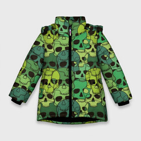 Зимняя куртка для девочек 3D с принтом Зеленые черепа в Белгороде, ткань верха — 100% полиэстер; подклад — 100% полиэстер, утеплитель — 100% полиэстер. | длина ниже бедра, удлиненная спинка, воротник стойка и отстегивающийся капюшон. Есть боковые карманы с листочкой на кнопках, утяжки по низу изделия и внутренний карман на молнии. 

Предусмотрены светоотражающий принт на спинке, радужный светоотражающий элемент на пуллере молнии и на резинке для утяжки. | Тематика изображения на принте: anger | black | death | drawing | green | horror | illustration | lime | look | marsh | scary | skull | terrible | болотный | взгляд | зеленый | злость | иллюстрация | рисунок | салатовый | страшный | ужас | ужасный | черепа | черный