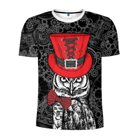 Мужская футболка 3D спортивная с принтом Сова в цилиндре в Белгороде, 100% полиэстер с улучшенными характеристиками | приталенный силуэт, круглая горловина, широкие плечи, сужается к линии бедра | bird | black | bow | fe | gentleman | gray | hat | look | owl | predator | red | retro | steampunk | style | white | wild | бант | белый | взгляд | галстук бабочка | джентльмен | дикий | клюв | красный | мудрость | перья | полосатый | птица | ретро | серы