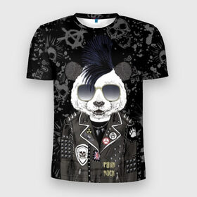 Мужская футболка 3D спортивная с принтом Панда в косухе в Белгороде, 100% полиэстер с улучшенными характеристиками | приталенный силуэт, круглая горловина, широкие плечи, сужается к линии бедра | anarchy | bear | color | cool | icon | jacket | mohawk | music | panda | piercing | punk | purple | rock | skull | white | аксессуар | анархия | белый | значок | ирокез | круто | куртка | медведь | музыка | одежда | очки | панда | панк |