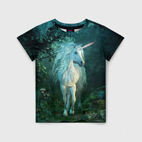 Детская футболка 3D с принтом Единорог в Белгороде, 100% гипоаллергенный полиэфир | прямой крой, круглый вырез горловины, длина до линии бедер, чуть спущенное плечо, ткань немного тянется | animal | beautiful | blue | fantasy | green | hooves | horn | horse | magi | mushrooms | nature | night | unicorn | white | белый | волшебство | грибы | грива | единорог | животное | зеленый | иллюстрация | копыта | лес | лошадь | мифология | но