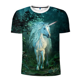 Мужская футболка 3D спортивная с принтом Единорог в Белгороде, 100% полиэстер с улучшенными характеристиками | приталенный силуэт, круглая горловина, широкие плечи, сужается к линии бедра | animal | beautiful | blue | fantasy | green | hooves | horn | horse | magi | mushrooms | nature | night | unicorn | white | белый | волшебство | грибы | грива | единорог | животное | зеленый | иллюстрация | копыта | лес | лошадь | мифология | но