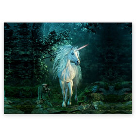 Поздравительная открытка с принтом Единорог в Белгороде, 100% бумага | плотность бумаги 280 г/м2, матовая, на обратной стороне линовка и место для марки
 | animal | beautiful | blue | fantasy | green | hooves | horn | horse | magi | mushrooms | nature | night | unicorn | white | белый | волшебство | грибы | грива | единорог | животное | зеленый | иллюстрация | копыта | лес | лошадь | мифология | но