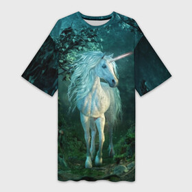 Платье-футболка 3D с принтом Единорог в Белгороде,  |  | animal | beautiful | blue | fantasy | green | hooves | horn | horse | magi | mushrooms | nature | night | unicorn | white | белый | волшебство | грибы | грива | единорог | животное | зеленый | иллюстрация | копыта | лес | лошадь | мифология | но