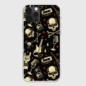 Чехол для iPhone 12 Pro Max с принтом Гранж с черепами в Белгороде, Силикон |  | bones | grunge | guitar | hands | microphone | music | punk | record | rocker | skeleton | skull | sound | style | tape | vintage | vinyl | винил | винтаж | гитары | гранж | звук | кассеты | коза | кости | магнитофон | микрофон | молнии | музыка | очки | 