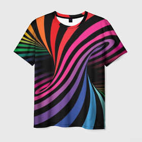 Мужская футболка 3D с принтом Метаморфозы в Белгороде, 100% полиэфир | прямой крой, круглый вырез горловины, длина до линии бедер | abstraction | black | blue | color | green | hypnosis | illusion | orange | p | rainbow | red | tunnel | yellow | абстракция | галлюцинации | гипноз | желтый | зеленый | иллюзия | красный | оранжевый | полосы | психоделика | радуга | разноцветны