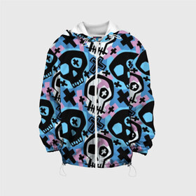 Детская куртка 3D с принтом Черепа в Белгороде, 100% полиэстер | застежка — молния, подол и капюшон оформлены резинкой с фиксаторами, по бокам — два кармана без застежек, один потайной карман на груди, плотность верхнего слоя — 90 г/м2; плотность флисового подклада — 260 г/м2 | black | blue | crosses | graffiti | halloween | ornament | pattern | pink | skull | white | белый | граффити | кресты | орнамент | розовый | синий | узор | хэллоуин | черепа | черный