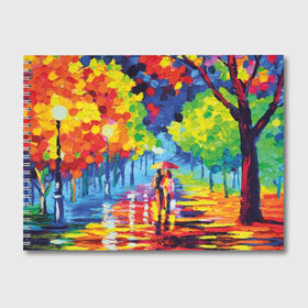 Альбом для рисования с принтом Осенний бульвар в Белгороде, 100% бумага
 | матовая бумага, плотность 200 мг. | art | blue | couple | green | lovers | orange | street | tree | umbrella | yellow | влюбленные | дерево | дождь | желтый | зеленый | зонт | искусство | картина | краски | красный | листья | масло | о | оранжевый | осенний | отражение