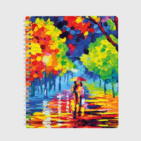 Тетрадь с принтом Осенний бульвар в Белгороде, 100% бумага | 48 листов, плотность листов — 60 г/м2, плотность картонной обложки — 250 г/м2. Листы скреплены сбоку удобной пружинной спиралью. Уголки страниц и обложки скругленные. Цвет линий — светло-серый
 | art | blue | couple | green | lovers | orange | street | tree | umbrella | yellow | влюбленные | дерево | дождь | желтый | зеленый | зонт | искусство | картина | краски | красный | листья | масло | о | оранжевый | осенний | отражение
