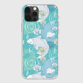 Чехол для iPhone 12 Pro Max с принтом Карпы Кои в Белгороде, Силикон |  | blue | bubbles | carp koi | fauna | fin | fish | flora | flower | green | japan | japanese | lake | lotus | plant | pond | scales | tail | water | white | белый | вода | зелёный | карп кои | лотос | озеро | плавник | пруд | пузыри | растение | р