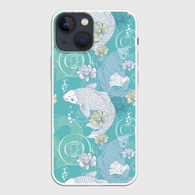 Чехол для iPhone 13 mini с принтом Карпы Кои в Белгороде,  |  | blue | bubbles | carp koi | fauna | fin | fish | flora | flower | green | japan | japanese | lake | lotus | plant | pond | scales | tail | water | white | белый | вода | зелёный | карп кои | лотос | озеро | плавник | пруд | пузыри | растение | р