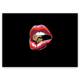 Поздравительная открытка с принтом Губы с патроном в Белгороде, 100% бумага | плотность бумаги 280 г/м2, матовая, на обратной стороне линовка и место для марки
 | Тематика изображения на принте: black | bullet | cartridge | cool | gloss | lips | lipstick | metal | pink | red | sleeve | steel | teeth | weapon | white | белый | блеск | гильза | губы | зубы | красный | круто | металл | оружие | патрон | помада | пуля | розовый | сталь | черный