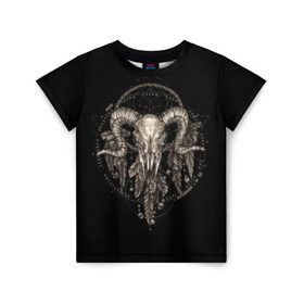 Детская футболка 3D с принтом Овен в ловце снов в Белгороде, 100% гипоаллергенный полиэфир | прямой крой, круглый вырез горловины, длина до линии бедер, чуть спущенное плечо, ткань немного тянется | Тематика изображения на принте: aries | black | charm | cobweb | dream catcher | ethnic | feathers | goat | horns | mystic | national | ram | skeleton | skull | taurus | totem | баран | гороскоп | знак зодиака | козел | ловец снов | мистика | национальный | оберег | овен | паутина | пер