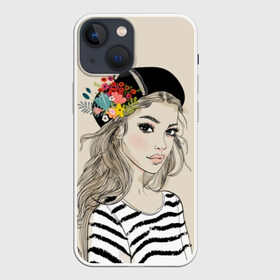 Чехол для iPhone 13 mini с принтом Парижанка в берете в Белгороде,  |  | beauty | beret | black | blonde | chic | eyes | fashion | flowers | french | girl | lips | look | paris | stripes | style | white | woman | young | youth | белый | берет | блондинка | взгляд | глаза | губы | девушка | женщина | красотка | мода | молодая |