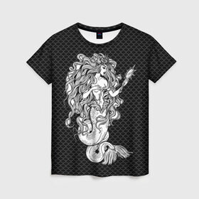Женская футболка 3D с принтом Русалка с зеркалом в Белгороде, 100% полиэфир ( синтетическое хлопкоподобное полотно) | прямой крой, круглый вырез горловины, длина до линии бедер | beauty | black | body | cool | curls | fin | fish | goddess | hair | magic | mermaid | mirror | niida | scales | sea | siren | tail | white | белый | богиня | волосы | волшебство | зеркало | красотка | кудри | магия | море | нияда | плавник | прикольно | 