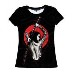 Женская футболка 3D с принтом Девушка с мечом в Белгороде, 100% полиэфир ( синтетическое хлопкоподобное полотно) | прямой крой, круглый вырез горловины, длина до линии бедер | beauty | black | brunette | cool | girl | gray | japan | japanese | mafia | red | samurai | sun | sword | tattoo | white | woman | yakuza | young | белый | брюнетка | девушка | женщина | красный | красотка | круто | мафия | меч | молодая | самурайский | с