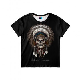 Детская футболка 3D с принтом Череп с роучем в Белгороде, 100% гипоаллергенный полиэфир | прямой крой, круглый вырез горловины, длина до линии бедер, чуть спущенное плечо, ткань немного тянется | cherokee | culture | ethnic | feathers | indian | national | navajo | roach | skeleton | skull | traditional | индеец | культура | навахо | национальный | перья | роуч | скелет | традиционный | череп | чероки | этнический