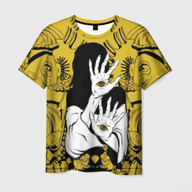 Мужская футболка 3D с принтом Девушка с глазами на руках в Белгороде, 100% полиэфир | прямой крой, круглый вырез горловины, длина до линии бедер | black | cool | eyes | girl | hair | halloween | hands | holiday | horror | mystic | seer | white | witch | woman | yellow | young | белый | ведьма | волосы | глаза | девушка | желтый | женщина | круто | мистика | молодая | праздник | провидец | руки | ужа
