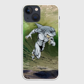 Чехол для iPhone 13 mini с принтом Great White в Белгороде,  |  | Тематика изображения на принте: brawn | element | fangs | foam | grin | jaw | ocean | run | shark | teeth | wave | акула | бег | волна | зубы | клыки | мускулы | океан | оскал | пена | стихия