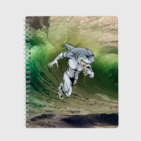 Тетрадь с принтом Great White в Белгороде, 100% бумага | 48 листов, плотность листов — 60 г/м2, плотность картонной обложки — 250 г/м2. Листы скреплены сбоку удобной пружинной спиралью. Уголки страниц и обложки скругленные. Цвет линий — светло-серый
 | Тематика изображения на принте: brawn | element | fangs | foam | grin | jaw | ocean | run | shark | teeth | wave | акула | бег | волна | зубы | клыки | мускулы | океан | оскал | пена | стихия