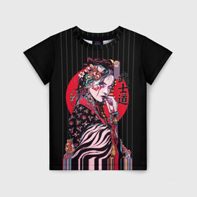 Детская футболка 3D с принтом Гейша в Белгороде, 100% гипоаллергенный полиэфир | прямой крой, круглый вырез горловины, длина до линии бедер, чуть спущенное плечо, ткань немного тянется | beauty | black | bright | character | cool | decorations | flowers | geisha | girl | hairstyle | japan | kimon | lines | red | stripes | woman | young | девушка | женщина | иероглиф | кимоно | красный | красотка | круто | линии | молодая | полосы 