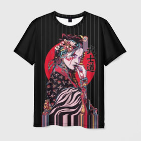 Мужская футболка 3D с принтом Гейша в Белгороде, 100% полиэфир | прямой крой, круглый вырез горловины, длина до линии бедер | beauty | black | bright | character | cool | decorations | flowers | geisha | girl | hairstyle | japan | kimon | lines | red | stripes | woman | young | девушка | женщина | иероглиф | кимоно | красный | красотка | круто | линии | молодая | полосы 