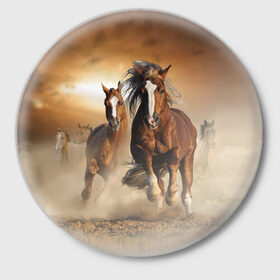 Значок с принтом Бегущие лошади в Белгороде,  металл | круглая форма, металлическая застежка в виде булавки | animal | color | dust | hooves | horse | mane | mustang | muzzle | nature | sky | speed | грива | животное | конь | копыта | лошадь | мустанг | небо | окрас | природа | пыль | скакун | скорость