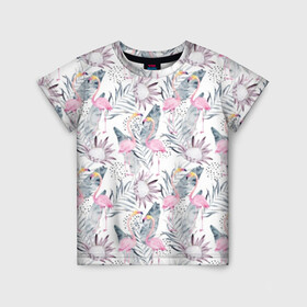 Детская футболка 3D с принтом Фламинго в Белгороде, 100% гипоаллергенный полиэфир | прямой крой, круглый вырез горловины, длина до линии бедер, чуть спущенное плечо, ткань немного тянется | abstraction | beak | bird | fauna | feathers | flamingo | flora | flower | happiness | jungle | leaves | nature | pink | tropical | tropics | white | yellow | абстракция | белый | джунгли | желтый | клюв | листья | перья | природа | птица | розовый | счас