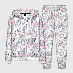 Мужской костюм 3D с принтом Фламинго в Белгороде, 100% полиэстер | Манжеты и пояс оформлены тканевой резинкой, двухслойный капюшон со шнурком для регулировки, карманы спереди | abstraction | beak | bird | fauna | feathers | flamingo | flora | flower | happiness | jungle | leaves | nature | pink | tropical | tropics | white | yellow | абстракция | белый | джунгли | желтый | клюв | листья | перья | природа | птица | розовый | счас