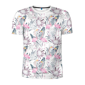 Мужская футболка 3D спортивная с принтом Фламинго в Белгороде, 100% полиэстер с улучшенными характеристиками | приталенный силуэт, круглая горловина, широкие плечи, сужается к линии бедра | Тематика изображения на принте: abstraction | beak | bird | fauna | feathers | flamingo | flora | flower | happiness | jungle | leaves | nature | pink | tropical | tropics | white | yellow | абстракция | белый | джунгли | желтый | клюв | листья | перья | природа | птица | розовый | счас