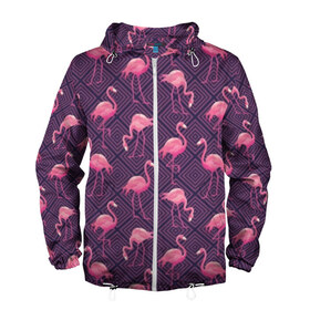 Мужская ветровка 3D с принтом Фламинго в Белгороде, 100% полиэстер | подол и капюшон оформлены резинкой с фиксаторами, два кармана без застежек по бокам, один потайной карман на груди | abstraction | beak | bird | fauna | feathers | flamingo | flora | geometry | happiness | nature | pink | purple | tropical | tropics | абстракция | геометрия | клюв | перья | природа | птица | розовый | счастье | тропики | тропический | фауна | фиолетовый