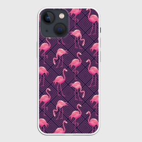 Чехол для iPhone 13 mini с принтом Фламинго в Белгороде,  |  | abstraction | beak | bird | fauna | feathers | flamingo | flora | geometry | happiness | nature | pink | purple | tropical | tropics | абстракция | геометрия | клюв | перья | природа | птица | розовый | счастье | тропики | тропический | фауна | фиолетовый