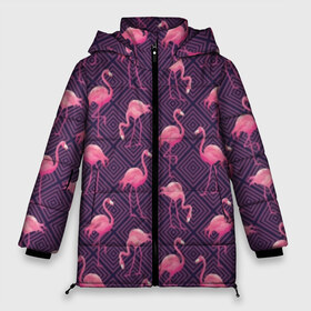 Женская зимняя куртка 3D с принтом Фламинго в Белгороде, верх — 100% полиэстер; подкладка — 100% полиэстер; утеплитель — 100% полиэстер | длина ниже бедра, силуэт Оверсайз. Есть воротник-стойка, отстегивающийся капюшон и ветрозащитная планка. 

Боковые карманы с листочкой на кнопках и внутренний карман на молнии | abstraction | beak | bird | fauna | feathers | flamingo | flora | geometry | happiness | nature | pink | purple | tropical | tropics | абстракция | геометрия | клюв | перья | природа | птица | розовый | счастье | тропики | тропический | фауна | фиолетовый