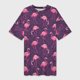 Платье-футболка 3D с принтом Фламинго в Белгороде,  |  | abstraction | beak | bird | fauna | feathers | flamingo | flora | geometry | happiness | nature | pink | purple | tropical | tropics | абстракция | геометрия | клюв | перья | природа | птица | розовый | счастье | тропики | тропический | фауна | фиолетовый