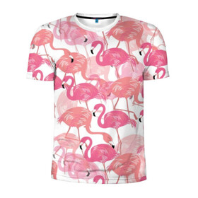 Мужская футболка 3D спортивная с принтом Фламинго в Белгороде, 100% полиэстер с улучшенными характеристиками | приталенный силуэт, круглая горловина, широкие плечи, сужается к линии бедра | Тематика изображения на принте: abstraction | beak | bird | coral | fauna | feathers | flamingo | flora | happiness | jungle | leaves | nature | pink | tropical | tropics | white | абстракция | белый | джунгли | клюв | коралловый | листья | перья | природа | птица | розовый | счастье | 