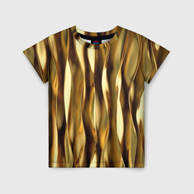 Детская футболка 3D с принтом Золотые волны в Белгороде, 100% гипоаллергенный полиэфир | прямой крой, круглый вырез горловины, длина до линии бедер, чуть спущенное плечо, ткань немного тянется | abstraction | cool | glitter | gold | lines | luxury | metal | ribbons | shine | texture | абстракция | блеск | волны | золото | круто | ленты | линии | металл | прикольно | роскошь | сиять | текстура