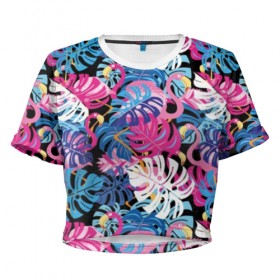 Женская футболка Cropp-top с принтом Фламинго в тропиках в Белгороде, 100% полиэстер | круглая горловина, длина футболки до линии талии, рукава с отворотами | 