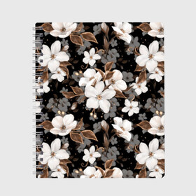 Тетрадь с принтом Белые цветы в Белгороде, 100% бумага | 48 листов, плотность листов — 60 г/м2, плотность картонной обложки — 250 г/м2. Листы скреплены сбоку удобной пружинной спиралью. Уголки страниц и обложки скругленные. Цвет линий — светло-серый
 | Тематика изображения на принте: black | bud | cute | flora | flowers | golden | leaves | plant | romance | spring | tenderness | white | yellow | белый | бутон | весна | желтый | золотой | листья | мило | нежность | растение | романтика | флора | цветы | черный