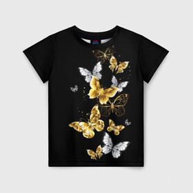 Детская футболка 3D с принтом Золотые бабочки в Белгороде, 100% гипоаллергенный полиэфир | прямой крой, круглый вырез горловины, длина до линии бедер, чуть спущенное плечо, ткань немного тянется | airy | black | butterfly | cool | cute | flight | flit | gold | insect | magical | white | wings | yellow | бабочка | белый | воздушный | волшебный | желтый | золото | крылья | милый | насекомое | полёт | порхать | прикольный | черный
