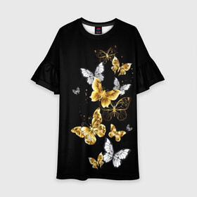 Детское платье 3D с принтом Золотые бабочки в Белгороде, 100% полиэстер | прямой силуэт, чуть расширенный к низу. Круглая горловина, на рукавах — воланы | Тематика изображения на принте: airy | black | butterfly | cool | cute | flight | flit | gold | insect | magical | white | wings | yellow | бабочка | белый | воздушный | волшебный | желтый | золото | крылья | милый | насекомое | полёт | порхать | прикольный | черный