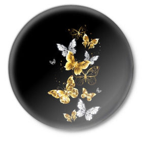Значок с принтом Золотые бабочки в Белгороде,  металл | круглая форма, металлическая застежка в виде булавки | airy | black | butterfly | cool | cute | flight | flit | gold | insect | magical | white | wings | yellow | бабочка | белый | воздушный | волшебный | желтый | золото | крылья | милый | насекомое | полёт | порхать | прикольный | черный